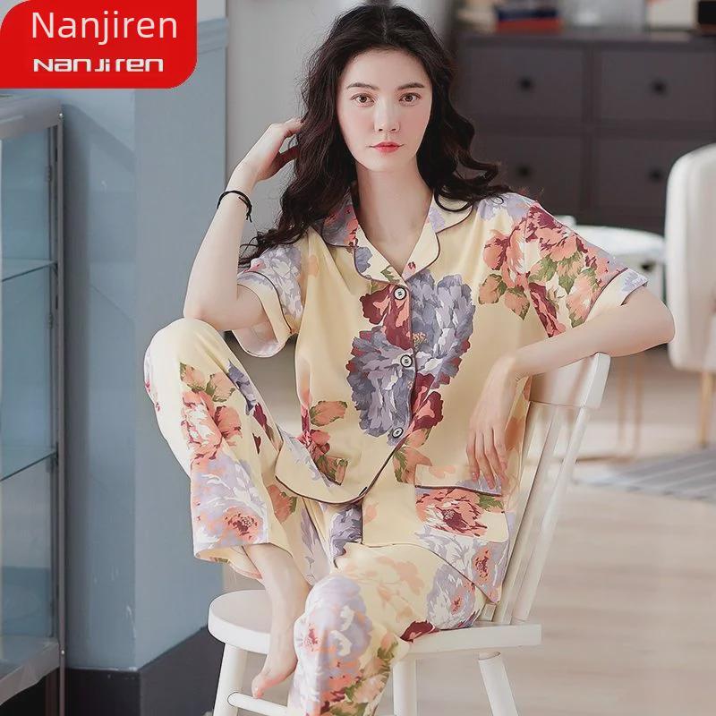 Женский пижамный комплект из 100% хлопка с короткими рукавами - летняя домашняя одежда для людей среднего и пожилого возраста