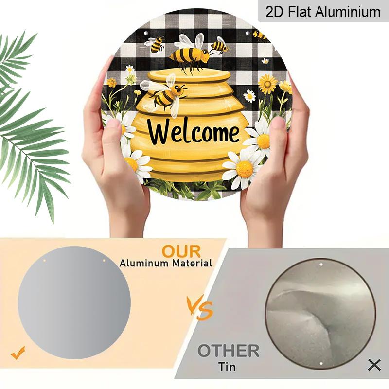 2D Flat, 1pc "Bee Welcome Plus" Monogrammed Round Metal Sign, Ideal for Home, Cafe, Restaurant, Garage, Garden Indoor and Outdoor Use, Event and