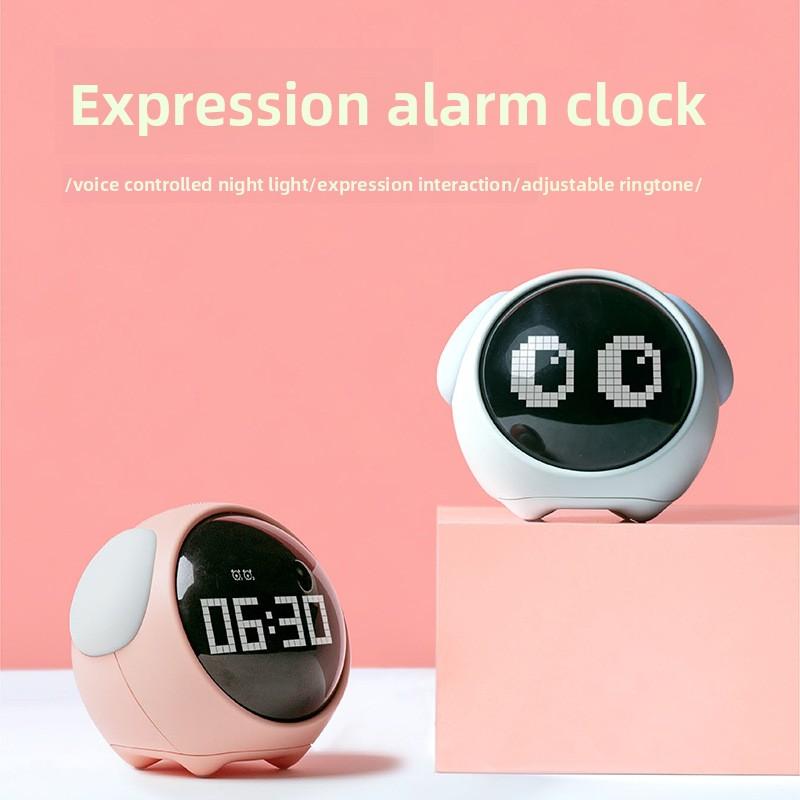 Digital Alarm Clock with Sound‑activated Night Light, Cute Expression Desk Clock for Kids