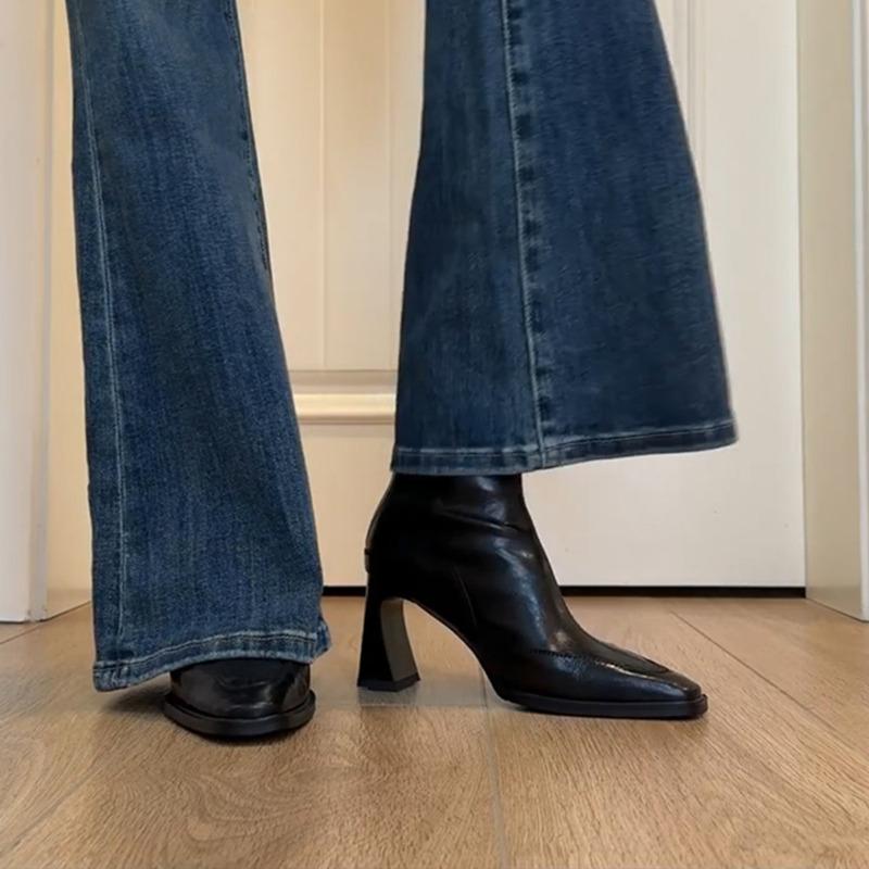 Short Boots Women's High Heels, Autumn and Winter New Thick Heel Square Head Thin Boots Versatile Retro Style Brown Short Boots