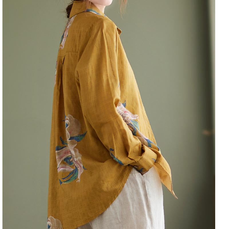 Весенние хлопковые льняные рубашки LadiesTop Блузка с цветочным принтом для женщин Свободная рубашка в стиле ретро больших размеров с длинным рукавом