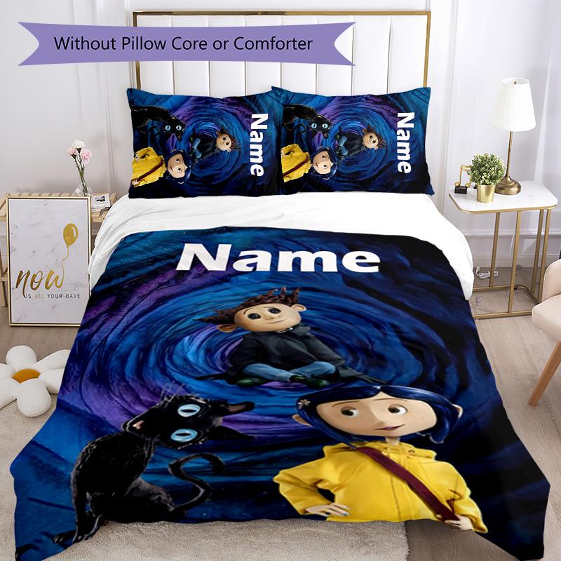 3pcs Coraline3 Cover Set - Personalized Name, HD Printed Bedding with 1 Cover and 2 Pillowcases - Perfect for Home Decor, Easy Care