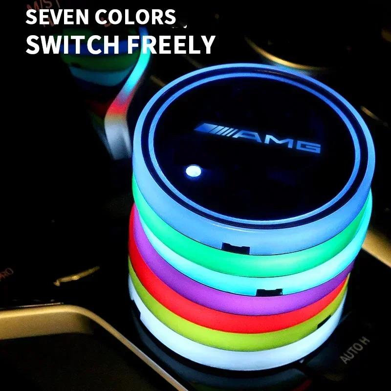 SUK3 1/2PCS Car Luminous Water Cup Coaster 7 Colorful For Mercedes Benz AMG W204 W203 W205 W211 W212 W213 W201 W210 W124 Accessories