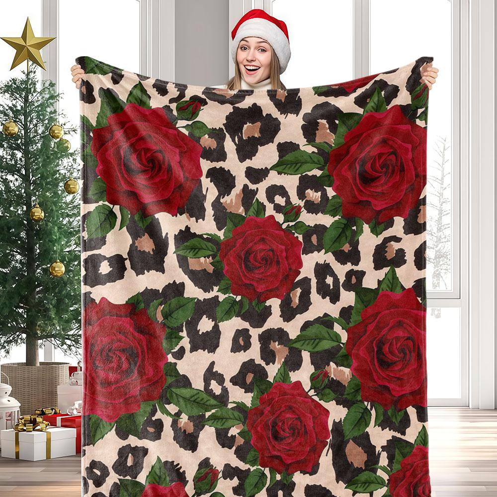 Leopard Roses Glam Winter Summer Flannel Blanket Throw Fleece Soft Fuzzy Plush Cozy Fleece Blankets for Sofa Ideal Gifts