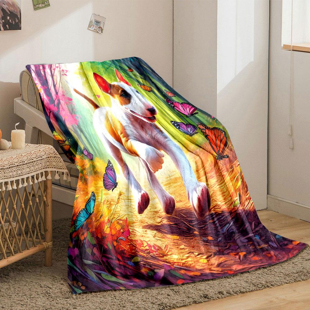 "Playful Dog with Butterflies in Forest" print blanket soft and cozy perfect for the living room bed sofa or a nap,gift