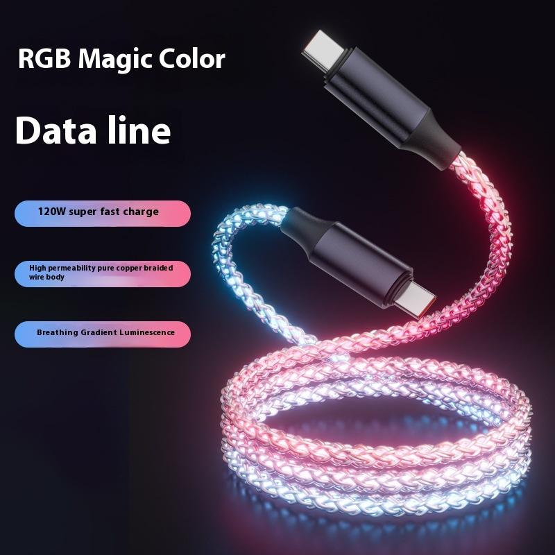 100W Super Fast Charging Gradual Change Luminous RGB Colorful Single Wire Data Cable