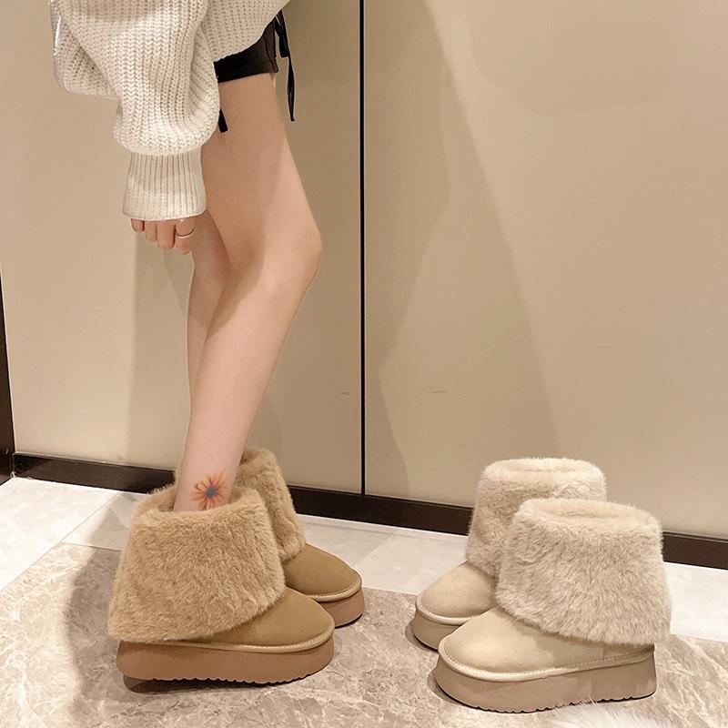 Женские зимние сапоги большого размера на толстой подошве, новые, с меховой отделкой, теплые, со средним голенищем, с отворотами, пушистые хлопковые ботинки