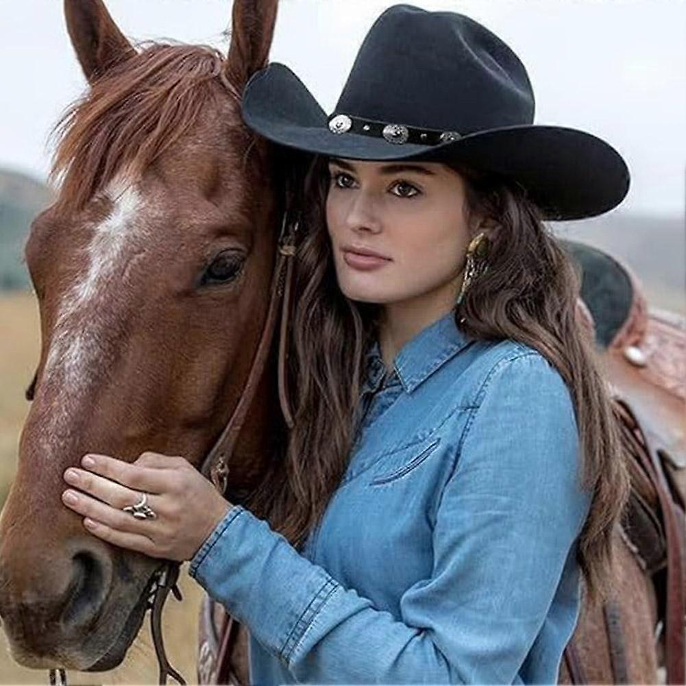 Black Cowboy Cowgirl Hat Wool Blend With Leather Band Sun Shading Hat
