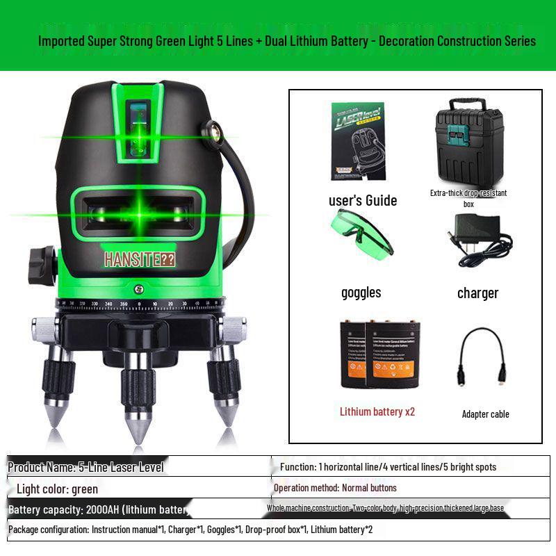 High-Precision Automatic Laser Level: 2, 3, or 5 Infrared Green Lines, Blue Light Projector for Outdoor Use