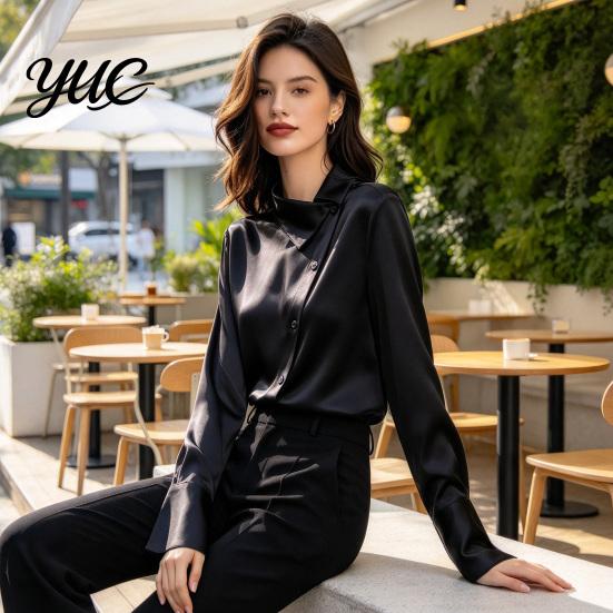 Button Front Business Casual Shirt Women Satin Blouse, Skew Collar Long Sleeve Shirt, Smooth Office Breathable Polyester Tops with Down, Commuting for