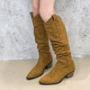 Женские высокие сапоги плиссированные до колена на каблуке обувь сексуальный острый носок массивные челси 2025 дизайнерские зимние новые туфли