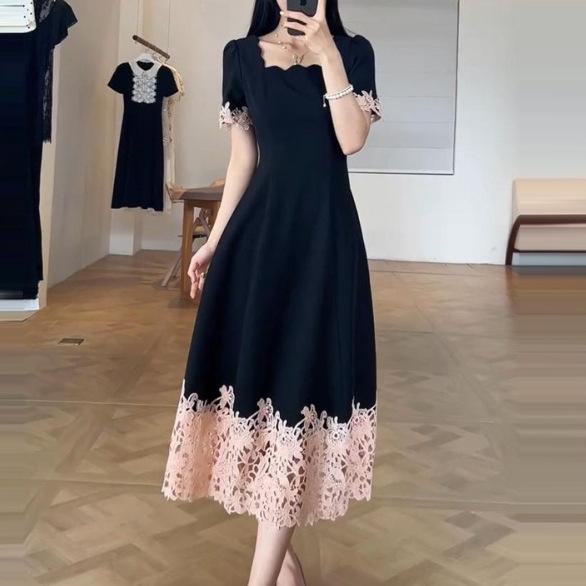New fashion temperament lace splicing contrasting color dress women's summer large size slim waist A-shaped long dress