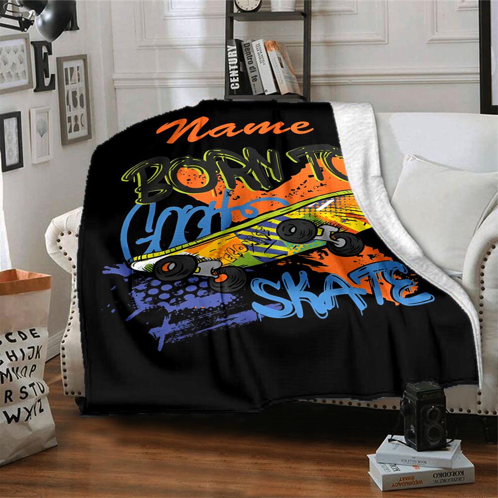 Custom Name skateboard Theme Printed Blanket - Perfect for Couch, Bed, Travel & Outdoor Use | Machine Washable, Cozy & Durable.
