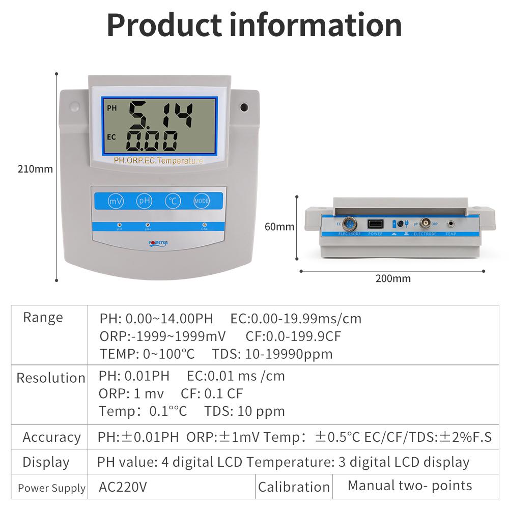 PH ORP TDS EC CF Temperature 6 In 1 PH Meter Water Quality Tester Detector Benchtop Water Analyzer for Laboratory Aquarium Pool