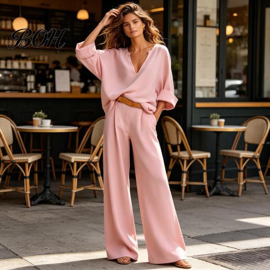 Versatile Casual Women Suit Women's 2 Piece Cotton Linen Set, Long Sleeve V Neck Blouse Comfortable Outfit And Wide Leg Pants Matching Summer Vacation