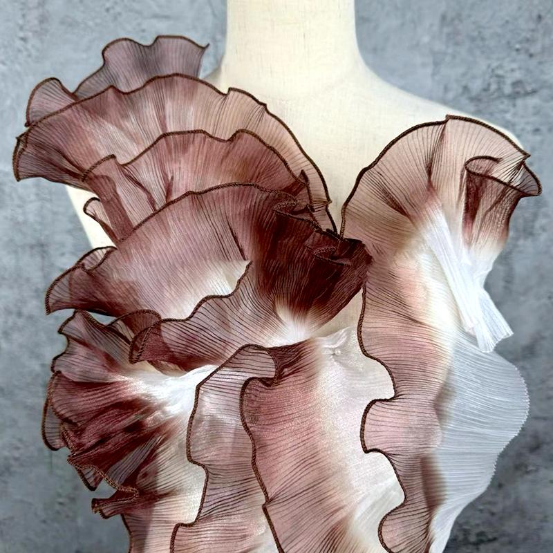 1PC Organza Lace Wedding Fashion Gradient Color Large Wavy Pleated Ruffles Dress Sewing