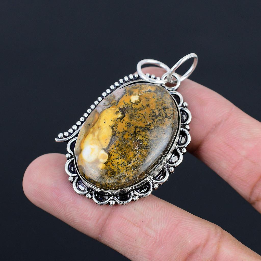 Серебряный кулон с камнем яшма из окаменевшего дерева, корень чакры, оправа, ювелирное изделие