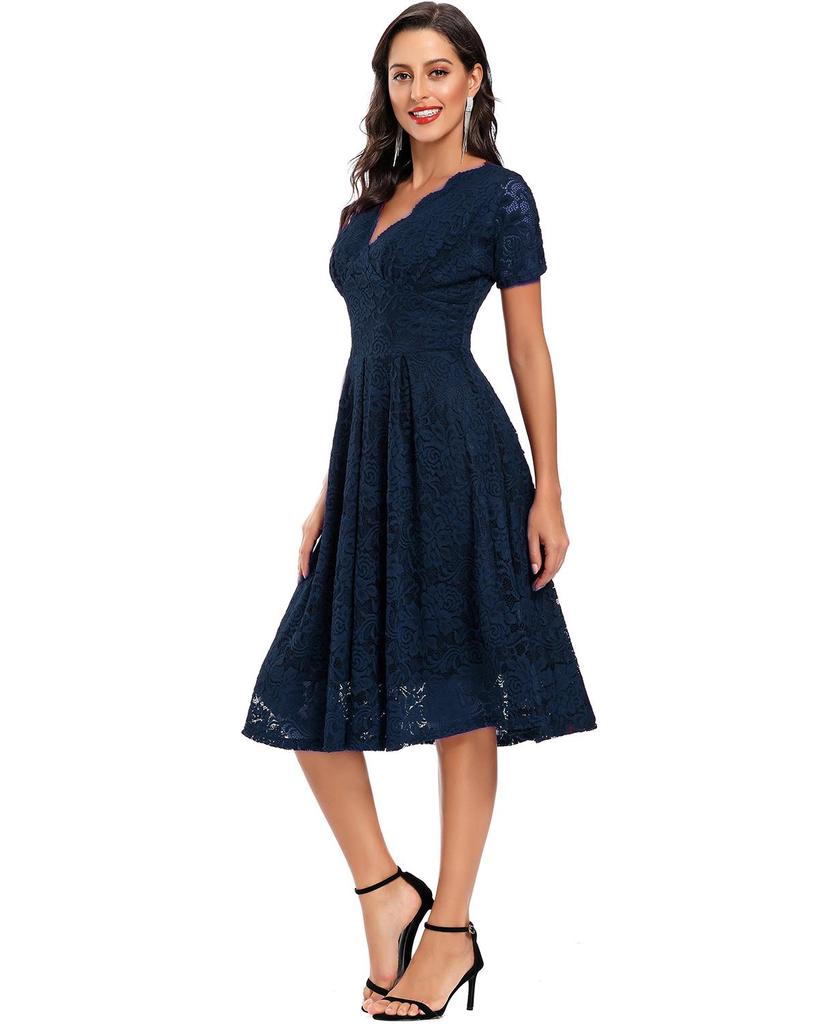 Женское кружевное платье миди с V-образным вырезом и короткими рукавами, приталенное по талии, для выпускного вечера, подружки невесты, гостя на свадьбе, вечеринки, коктейля, вечернего мероприятия
