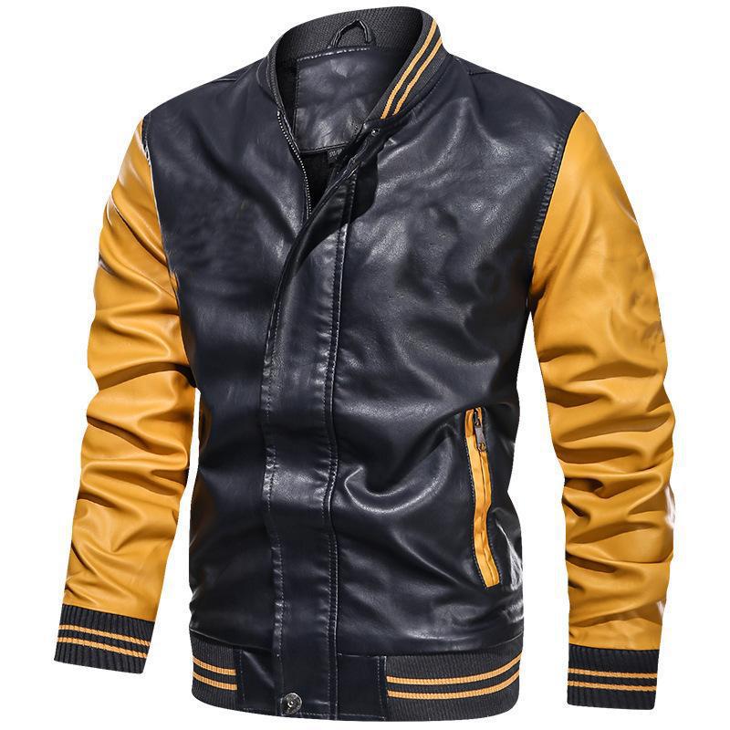 Autumn and Winter Men's Color-inserted PU Leather Jacket Men's Light Version Can Be Printed Casual Stand-up Collar Jacket for Men