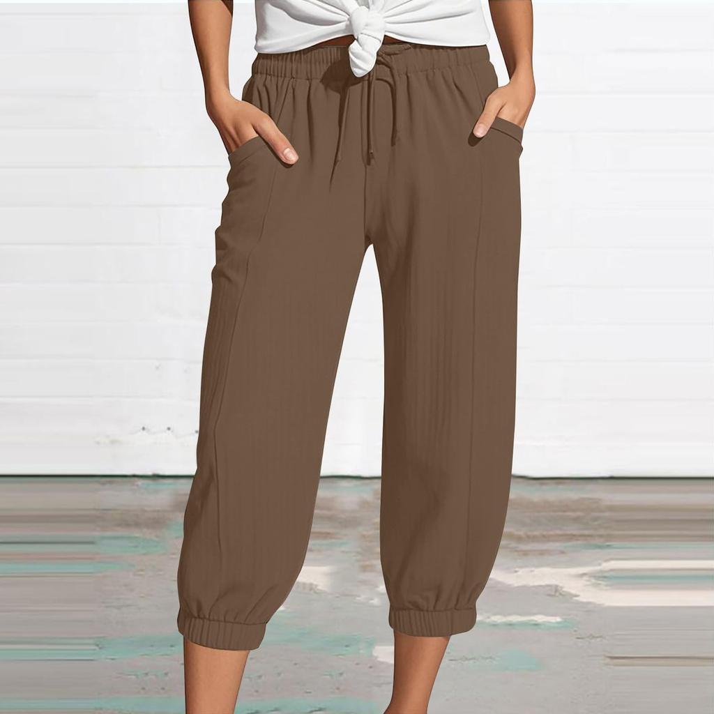 Women's Summer 3/4 Trousers Summer Trousers With Pockets Causal Loose Trousers Fabric Trousers Sport Leisure Beach Trousers