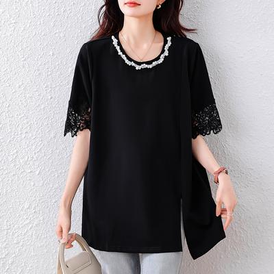 2025 Лето Женские футболки больших размеров Кружевные вставки Элегантные топы с коротким рукавом Футболки Свободная рубашка