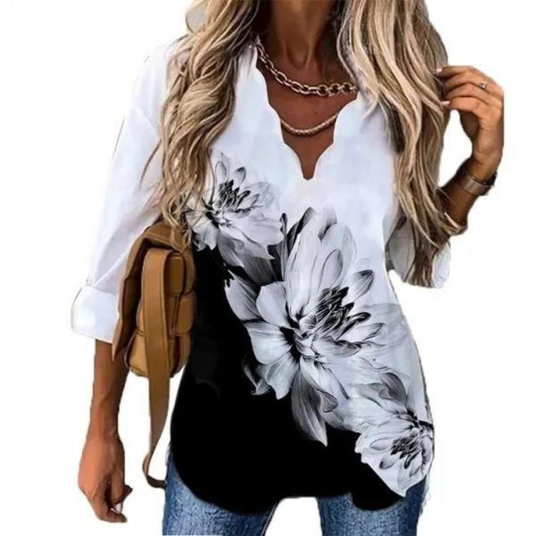 European American Women Summer Long Sleeve Printed Shirt with Wave Collar