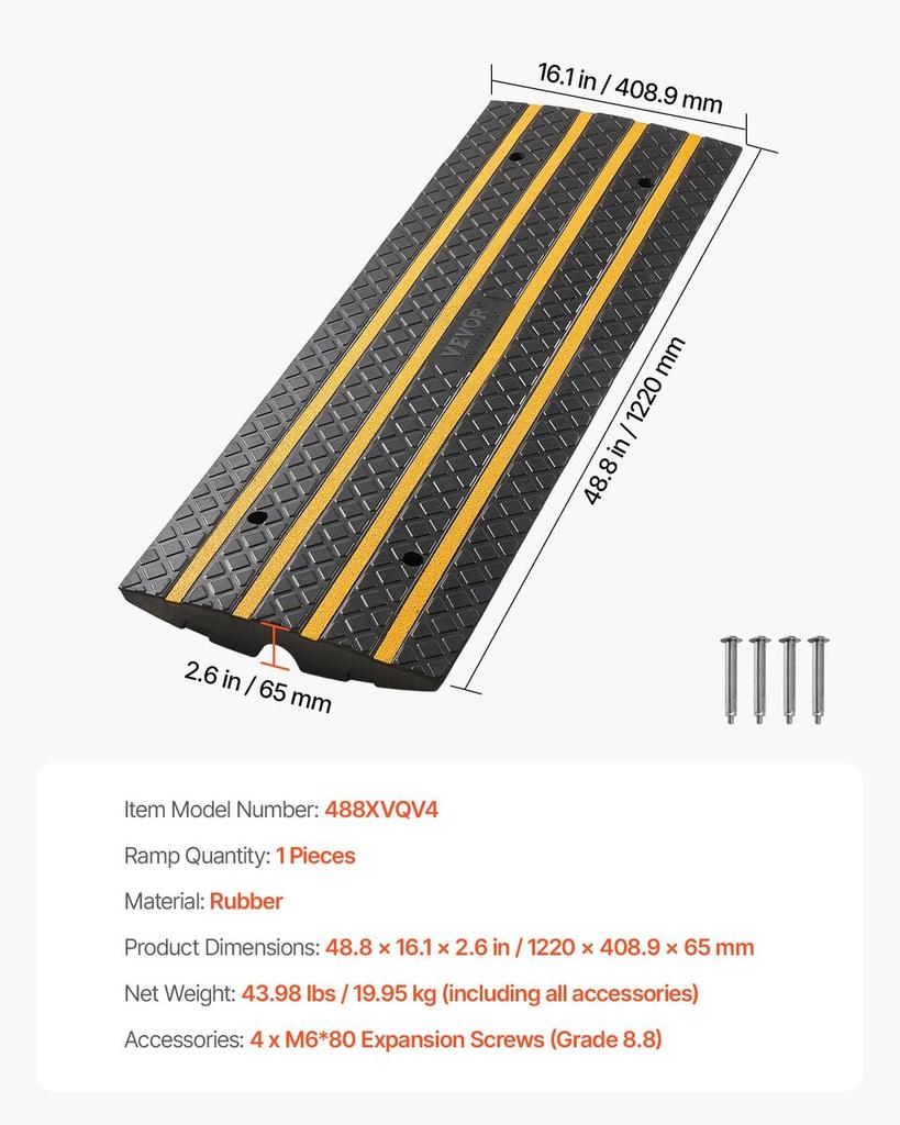 Car Driveway Rubber Curb Ramp, 15 Tons Load Capacity, 66 mm Rise Curbside Bridge Ramp with Yellow Reflective Strips, Suitable for Loading Dock,