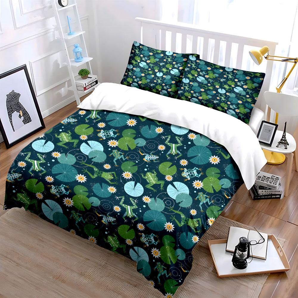 Frogs and Lily Pads Pattern Bedding Duvet Cover Set (1*Duvet Cover 2*Pillowcases, without duvet insert)