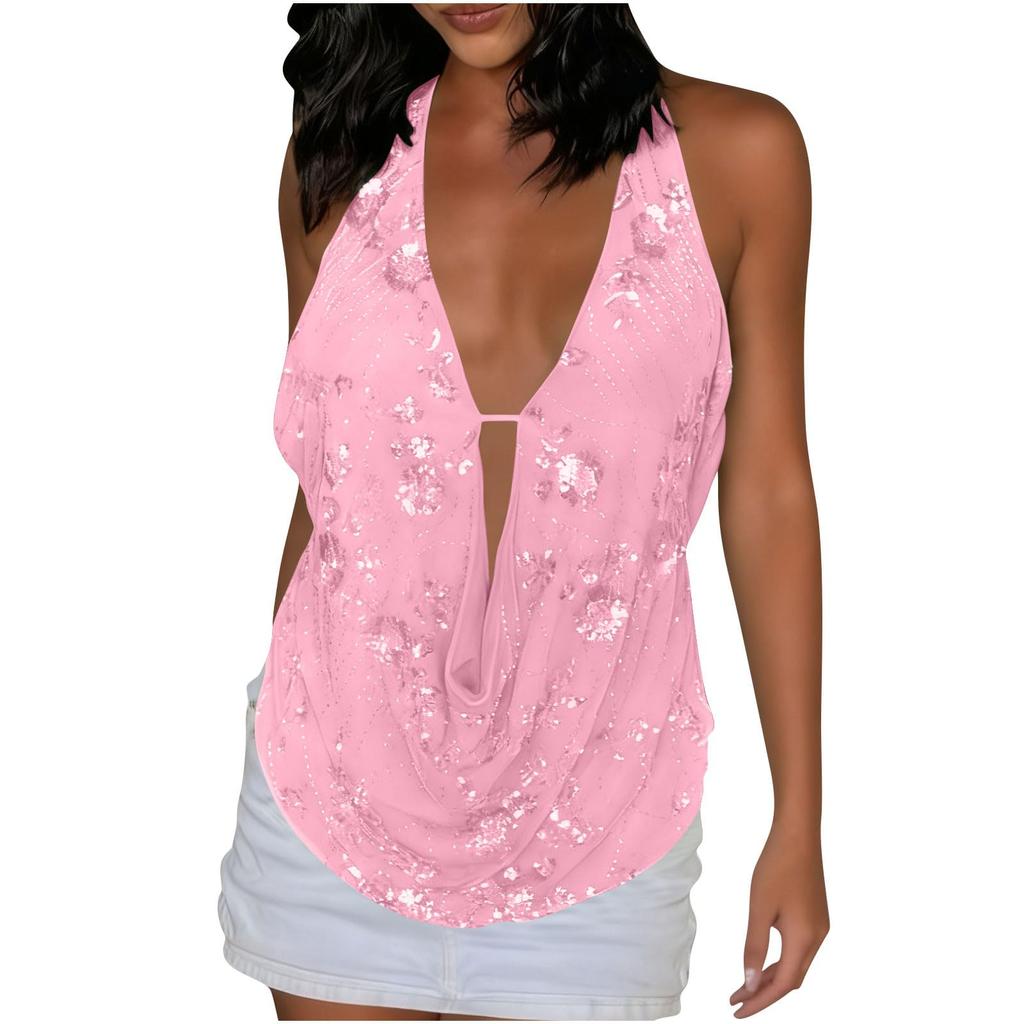 Ladies' Hollow Sequined V-neck Sleeveless Hanging Neck Backless Slim Fit Top