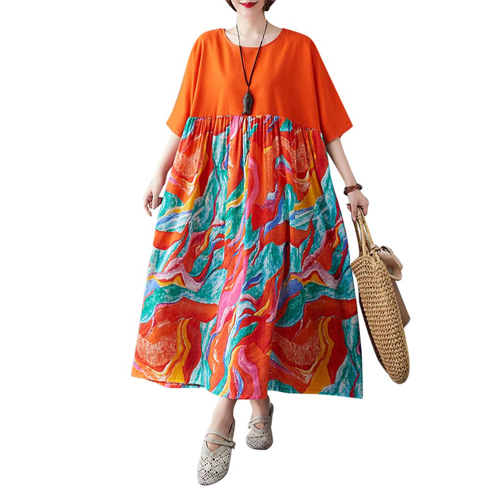 Женское хлопково-льняное платье с цветочным принтом и карманами до середины икры, свободный круглый вырез с короткими рукавами, повседневные размеры больших размеров