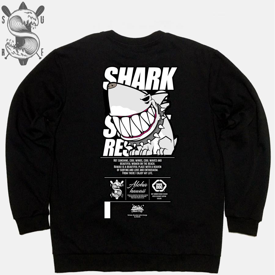 DOLDOL Shark Dog_Mtm-156 Shark Dog Surfing Hawaii Character Graphic Graffiti Design Sweatshirt Long Sleeve
