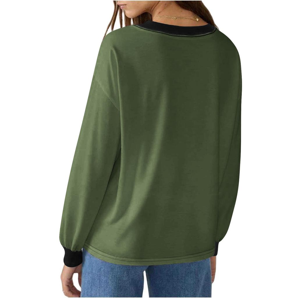 Модная женская свободная кофта с цветными блоками, V-образным вырезом и длинными рукавами