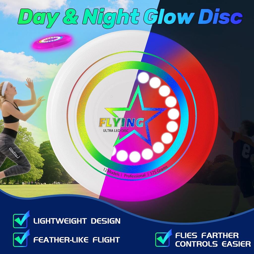 Ультраяркий летающий диск, светящийся летающий диск - 12 интеллектуальных световых программ, перезаряжаемый и ударопрочный (Идеально для ночных игр, вечеринок в саду,)