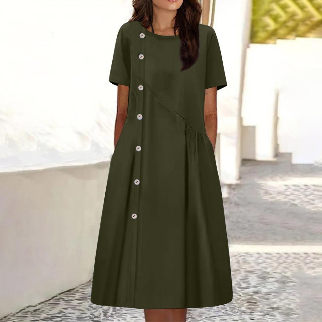 Women's Solid Round Neck Short Sleeve Button Decorative Waist Pocket Dress Pocket Dress
