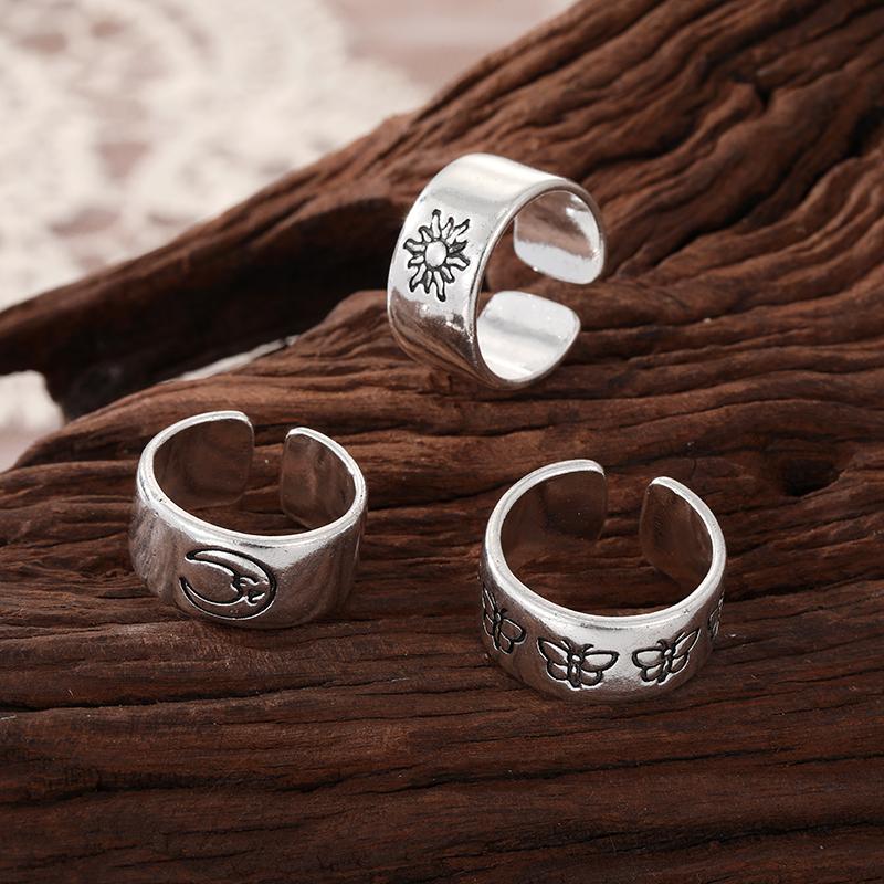 Ретро Серебряная Луна Солнце Бабочка Открытие Регулировка Праздничная одежда Универсальный набор ювелирных колец