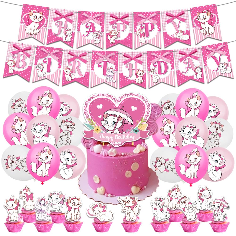 Stylish Cat Birthday Decoration Party Set AristoCats Anime Cat Movie Character Children Cute Funny Boys Girls Pink Happy Birthday Garland Banner