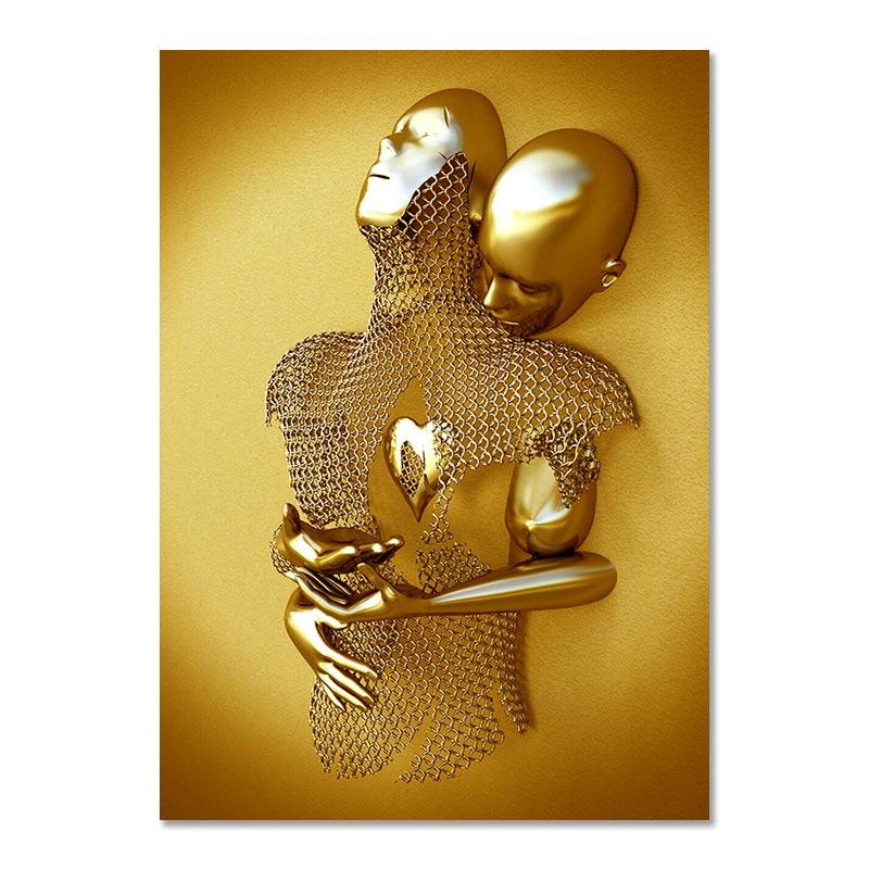 Металлическая фигурка, статуя, художественная картина на холсте, Золотая современная скульптура для влюбленных, постер и принт, настенные панно для гостиной, домашний декор