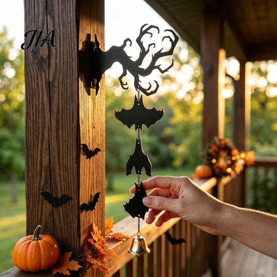 Halloween Wall Hanging Ornament Decor, Matte Black Dead Branch Bat Silhouette Festival Gift for with Metal Bell, Easy Install Indoor Outdoor Entryway