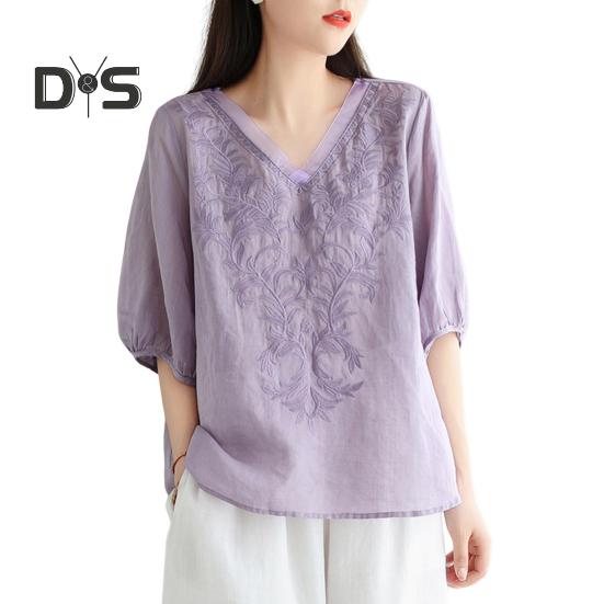 Women Summer Tops V-neck Half Sleeve Embroidery Pattern Pullover Tops Solid Color Loose Fit Commuting Style Tops