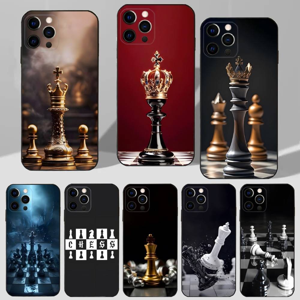 Board Pieces Chess Case For iPhone 16,15,17,14,13,12,11 Plus,Pro Max,XS,X,XR,SE,Mini,8,7 Soft Silicone Black Cover