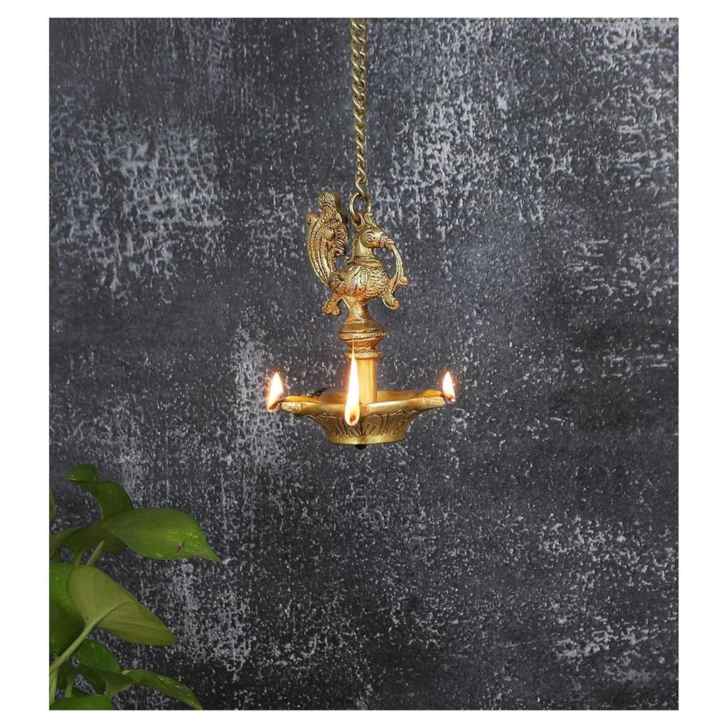 New Handmade Ethnic Peacock Design 5 Oil Wick Brass Hanging Diya, Brass Diyas for Decoration, Standard, Pack of 1