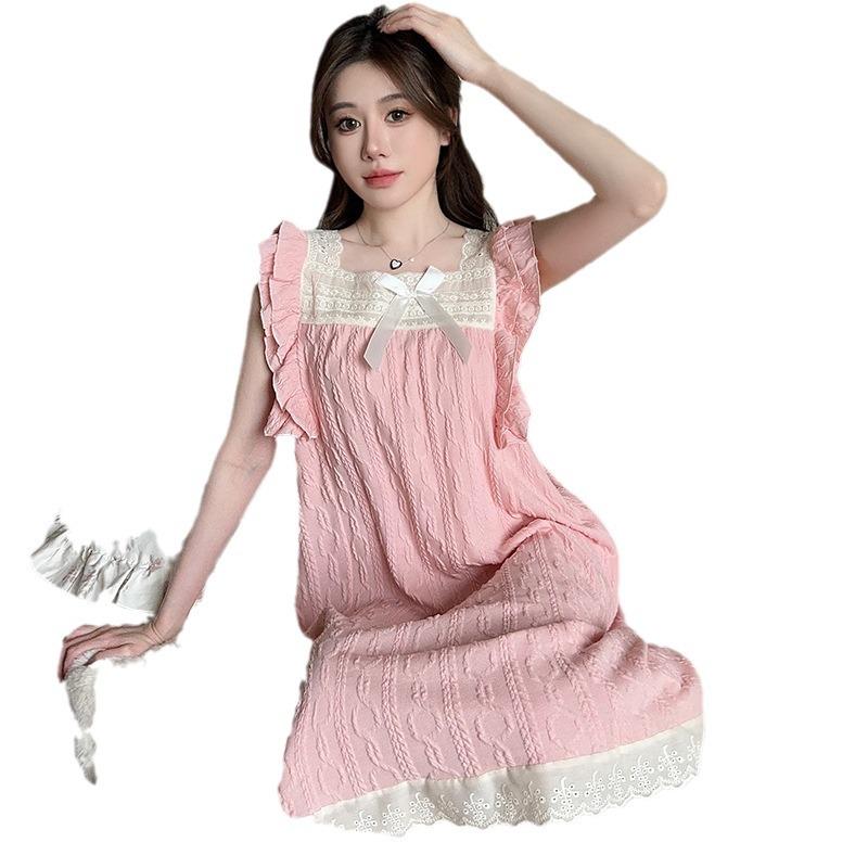 Милая женская летняя ночная рубашка с милыми рукавами-грибками, стиль «принцесса», средней длины и свободного кроя, подходит для ношения в помещении и на улице.