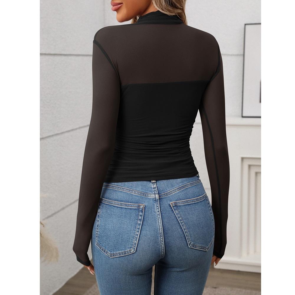 Женские весенние базовые футболки, топы, сетчатые прозрачные длинные рукава, водолазки, тонкие футболки