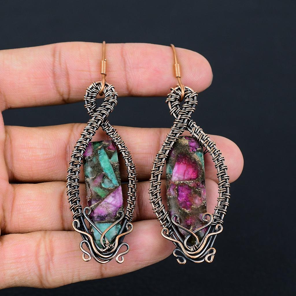 Ruby In Zoisite Handmade Copper Wire Wrap Jewelry Earring 3.23" L0b84