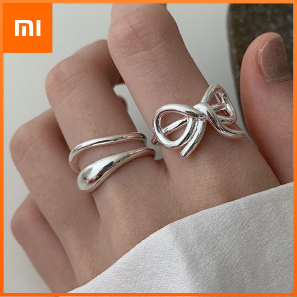 Xiaomi 925 Sterling Silver Simple Ring For Women Fine Jewelry Finger Adjustable Open Vintage Hollow Bow Ring For Party Birthday Gift