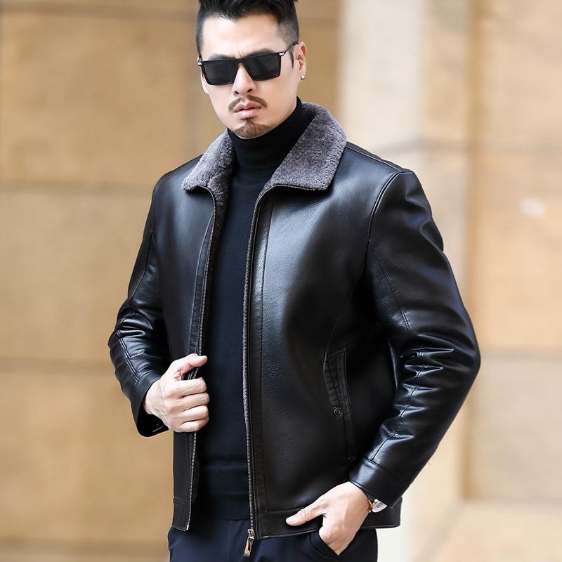 Middle-aged and Elderly Men's Genuine Leather Jackets, Fur All-in-one Casual Thickened and Velvet Sheepskin Jackets, Short Coats