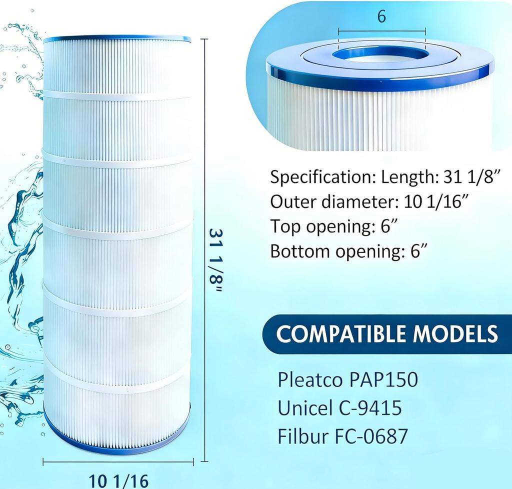 Фильтр для бассейна подходит для Pentair CC150, CCRP150, Pleatco PAP150, Unicel C-9415, Filbur FC-0687, Ultral-C4, PP-C4, PLF150A