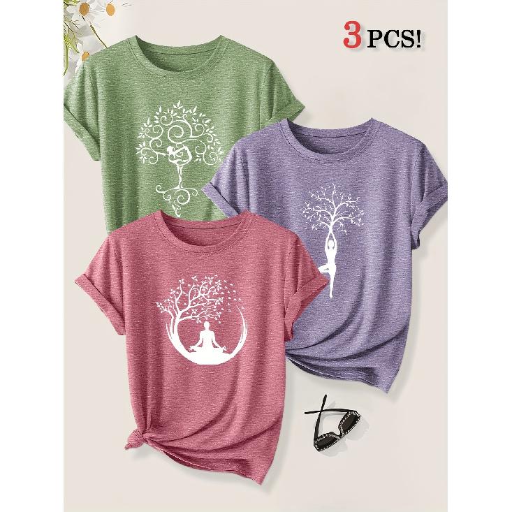 2026 3 Pack Harmony Between Man And Nature Yoga Print Women Short Sleeve T Shirts Casual Sports Holiday Tops Summer Autumn Tees