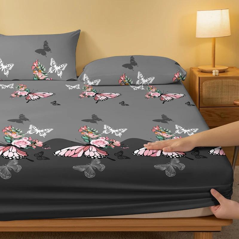 1 Rose Butterfly Patterned Frosted Bedsheet, Printed Bed Cover For Bedroom, Bedding (Excluding Pillowcases)