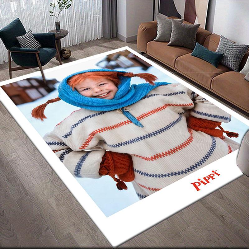 Cute Pippi Flannel Printed Carpet, Home Sofa Decoration for Living Room & Bedroom, Non‑Slip Play Flannel Floor Mat for Game Room